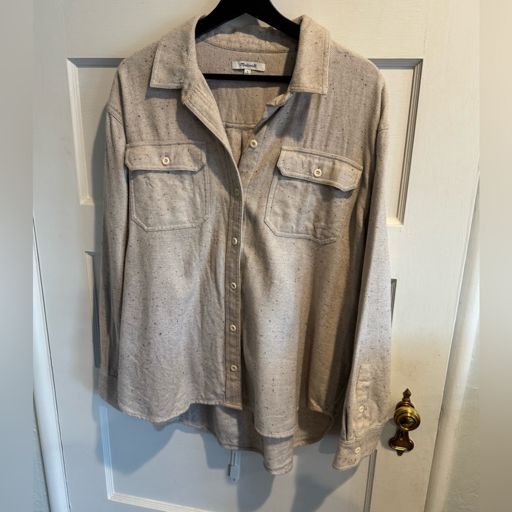 Madewell Speckled Utility Button Up Shirt Jacket — Beige — Size L
